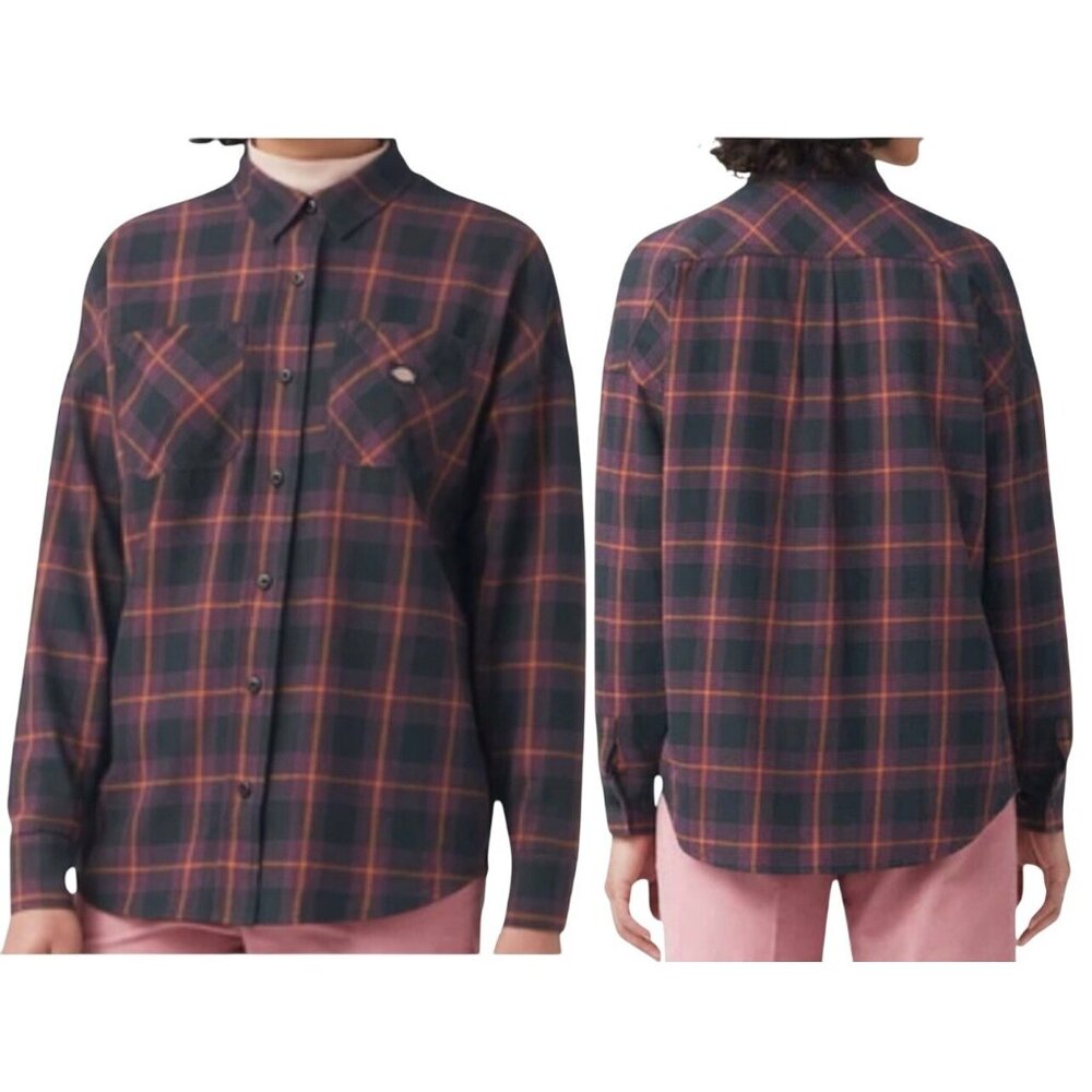 Dickies Womens Bakerhill Oversized Black Plaid Button-Up Shirt Long Sleeve Small